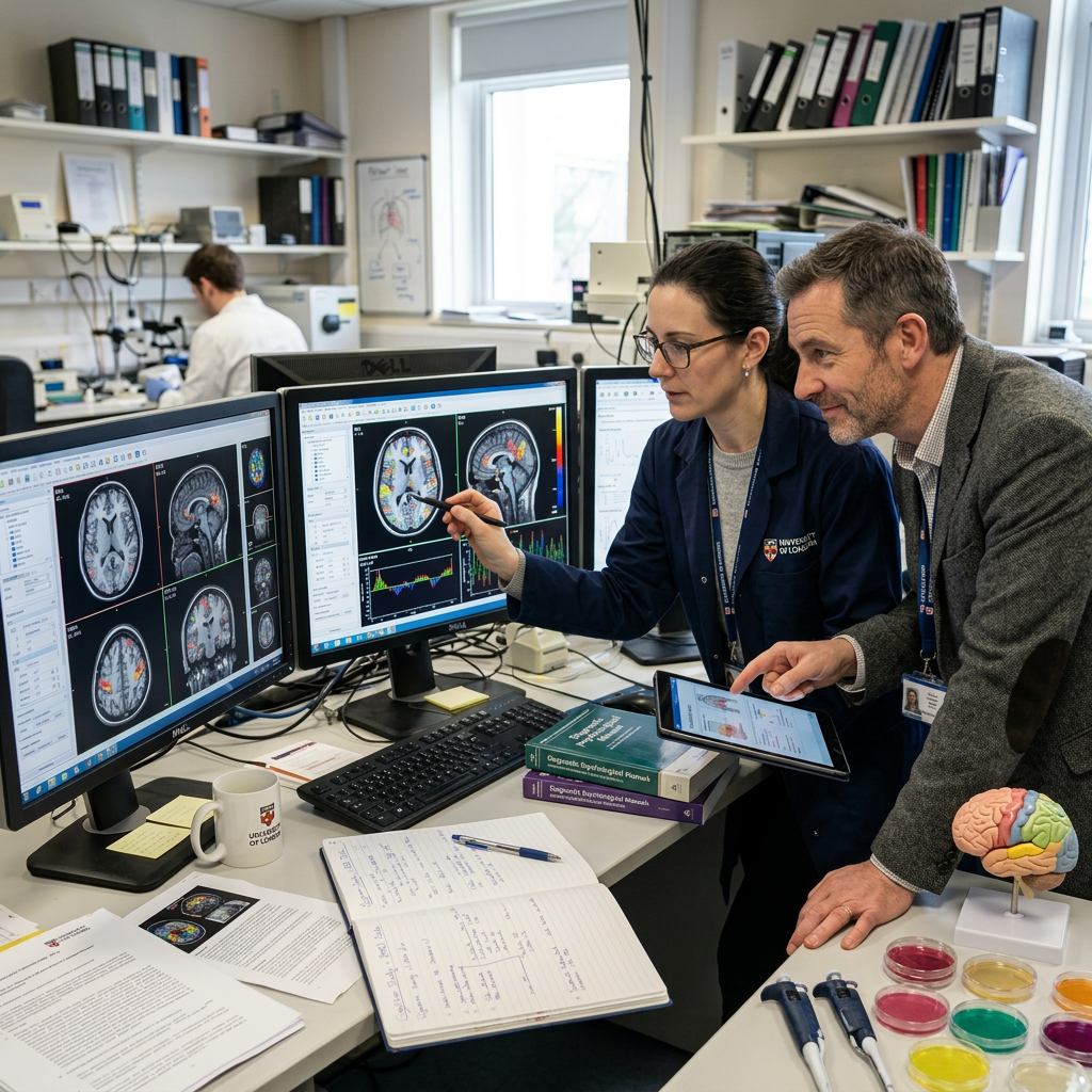 Researcher examining brain scan images and graphs on computer monitors in a lab